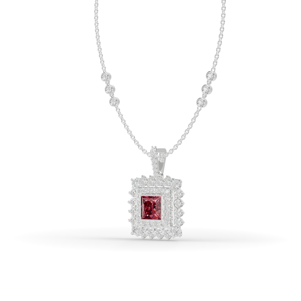 Guru Jewel's Elegant White Stone Border with Pink Square Stone Diamond Pendant for Her