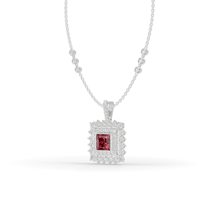 Guru Jewel's Elegant White Stone Border with Pink Square Stone Diamond Pendant for Her