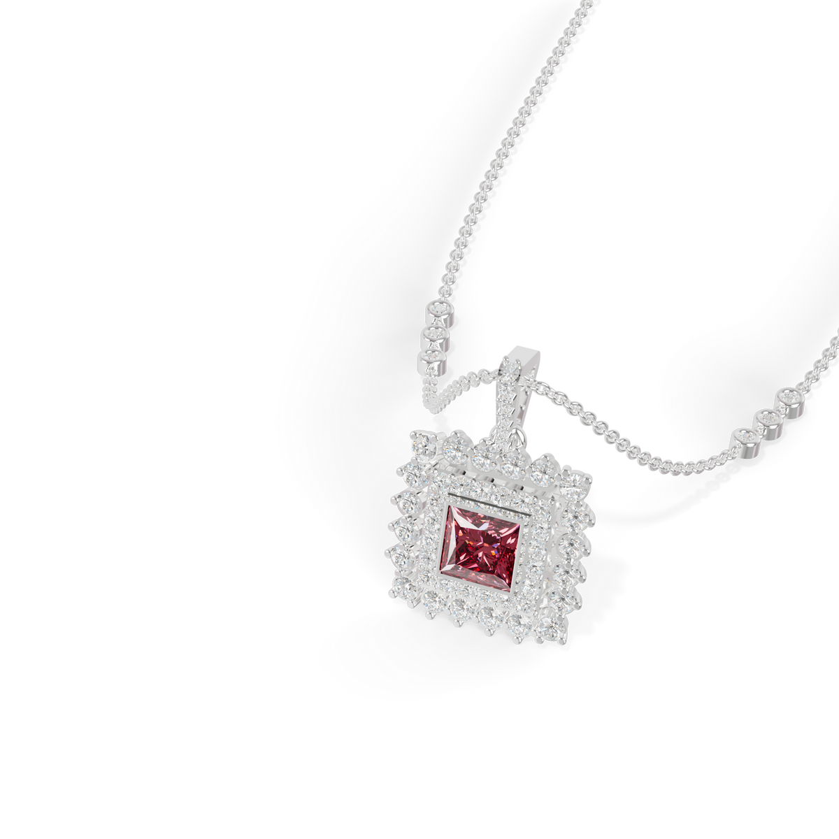 Guru Jewel's Elegant White Stone Border with Pink Square Stone Diamond Pendant for Her