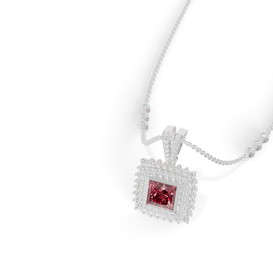 Guru Jewel's Double Halo Square Pendant Featuring a Princess-Cut Pinkish-Red Center Stone Pendant for Her