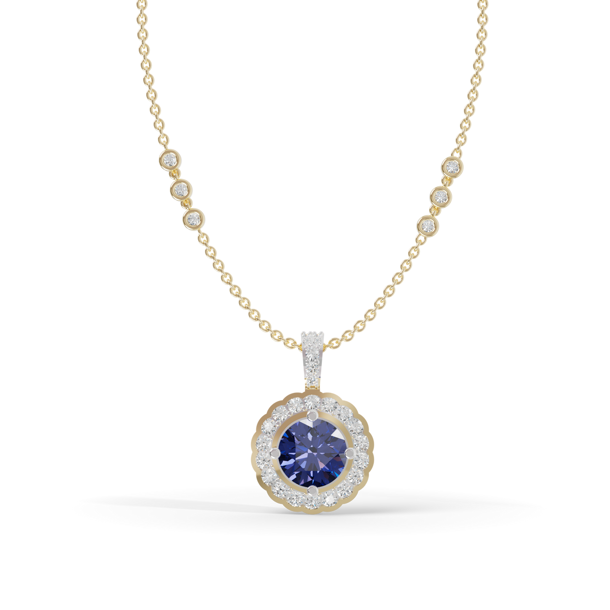Guru Jewel's Radiant Round Halo Pendant Styled with a Classic Gem for Her