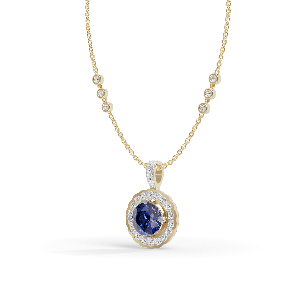 Guru Jewel's Radiant Round Halo Pendant Styled with a Classic Gem for Her
