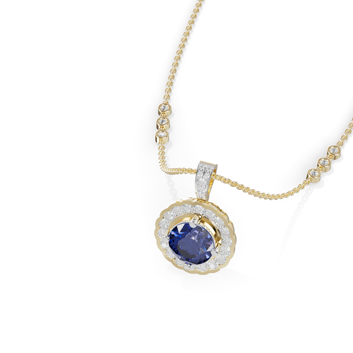 Guru Jewel's Radiant Round Halo Pendant Styled with a Classic Gem for Her