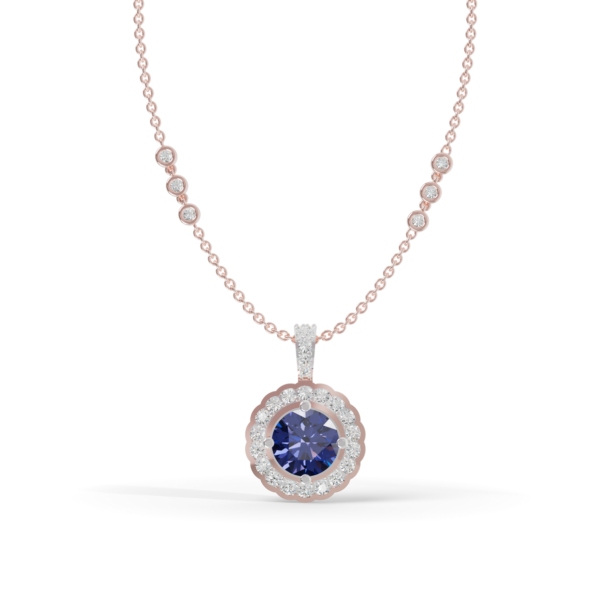 Guru Jewel's Radiant Round Halo Pendant Styled with a Classic Gem for Her