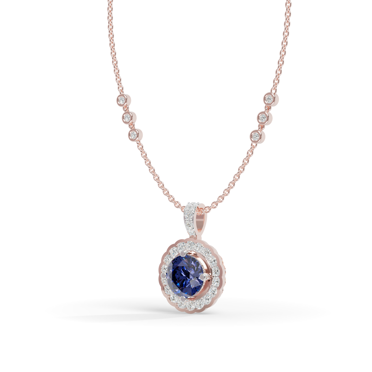 Guru Jewel's Radiant Round Halo Pendant Styled with a Classic Gem for Her