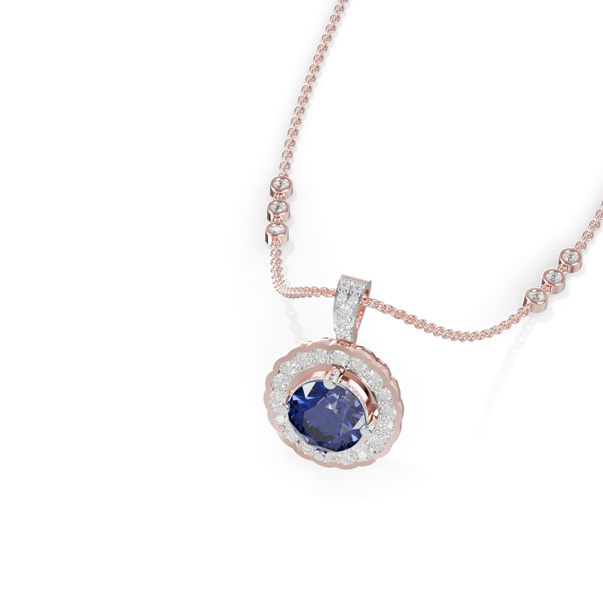 Guru Jewel's Radiant Round Halo Pendant Styled with a Classic Gem for Her