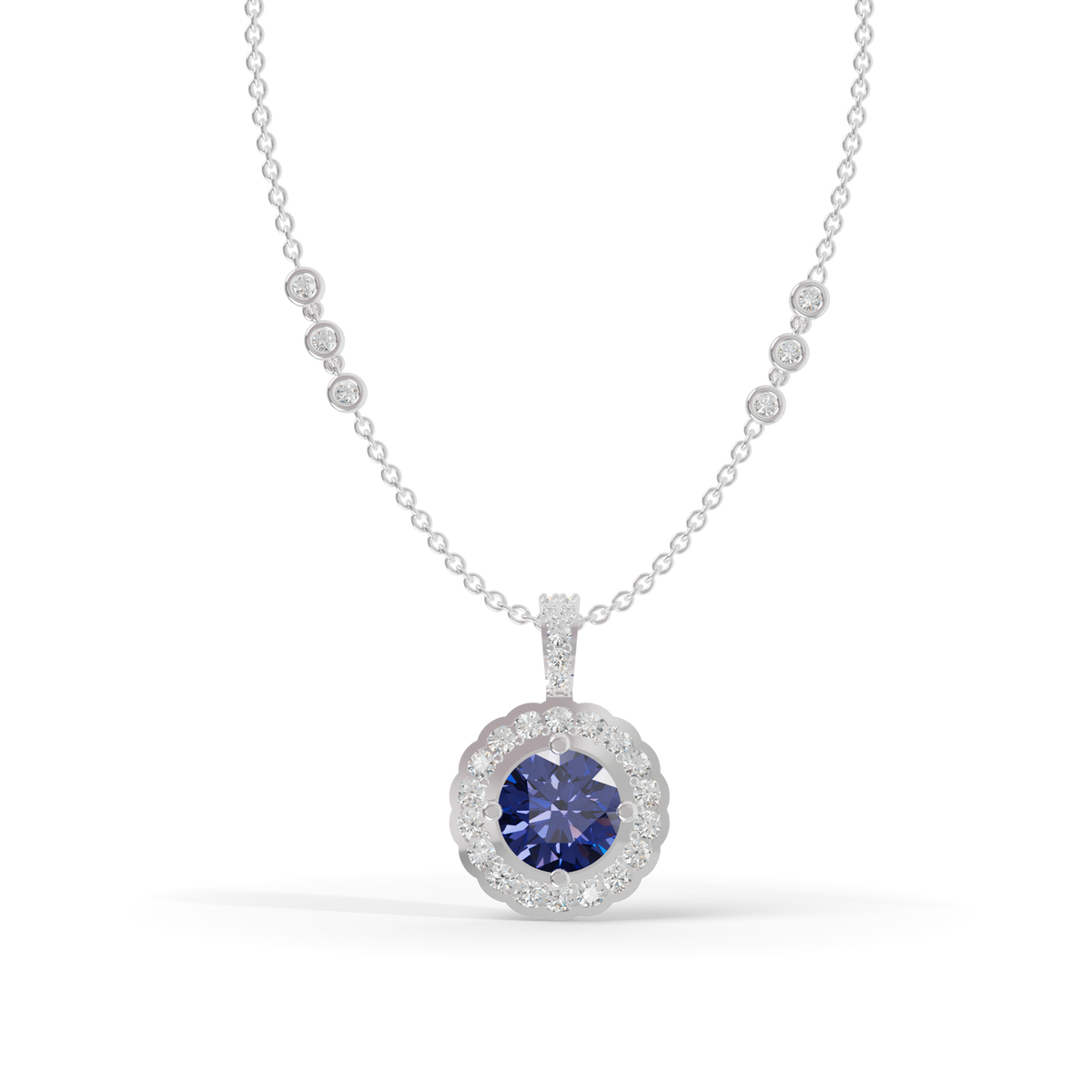 Guru Jewel's Radiant Round Halo Pendant Styled with a Classic Gem for Her