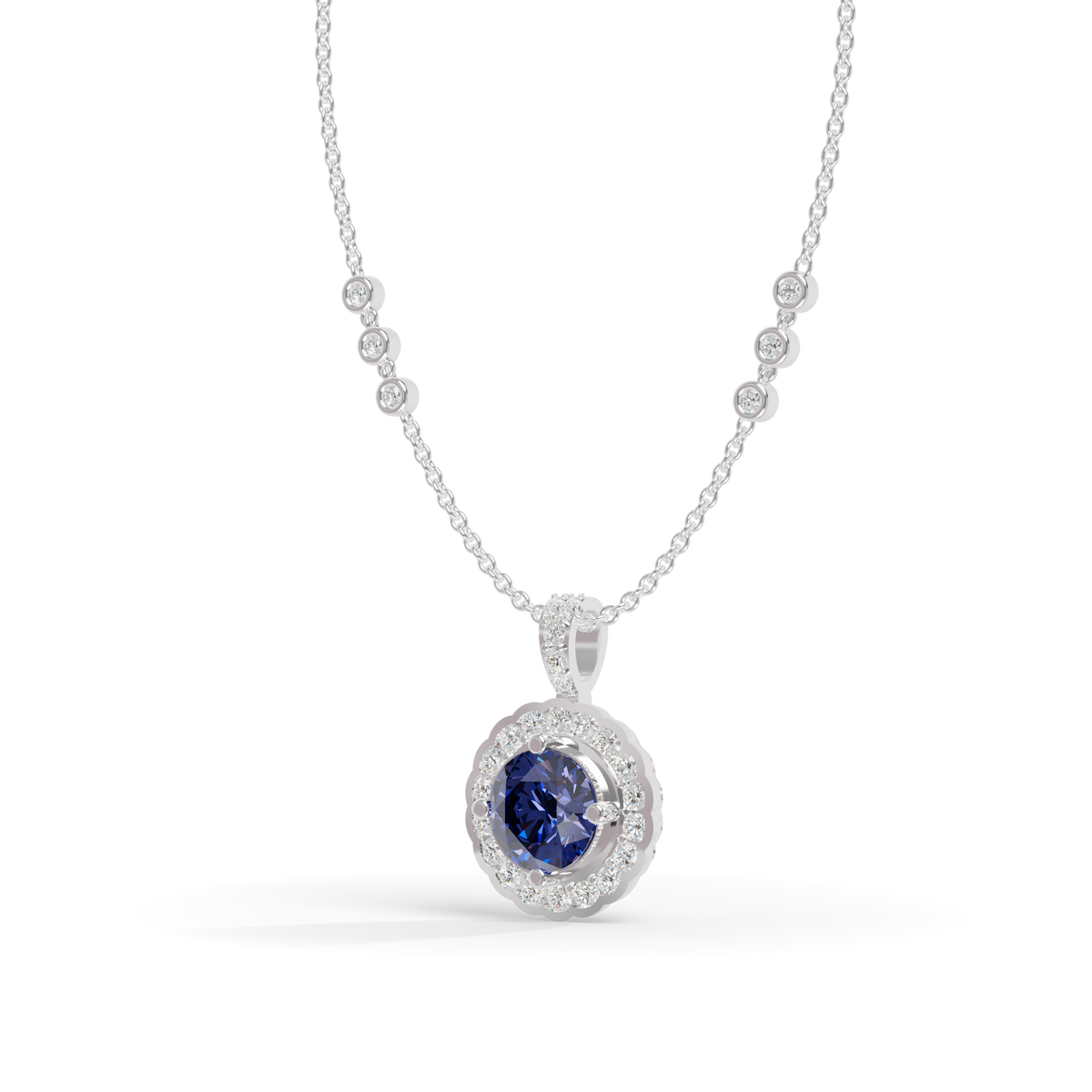 Guru Jewel's Radiant Round Halo Pendant Styled with a Classic Gem for Her