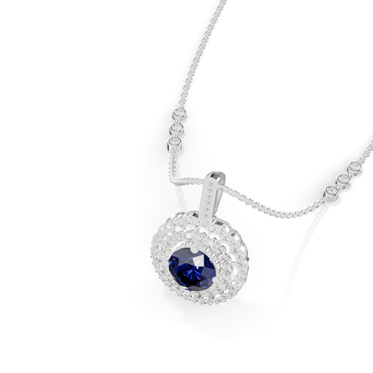 Guru Jewel's Sparkling Diamond Border with Blue Round Stone Pendant for Her