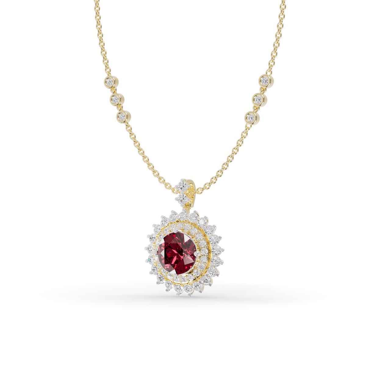 Guru Jewel's Fluted Double Halo with Round Red Pendant for Her