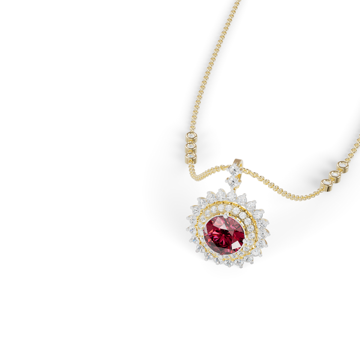 Guru Jewel's Fluted Double Halo with Round Red Pendant for Her