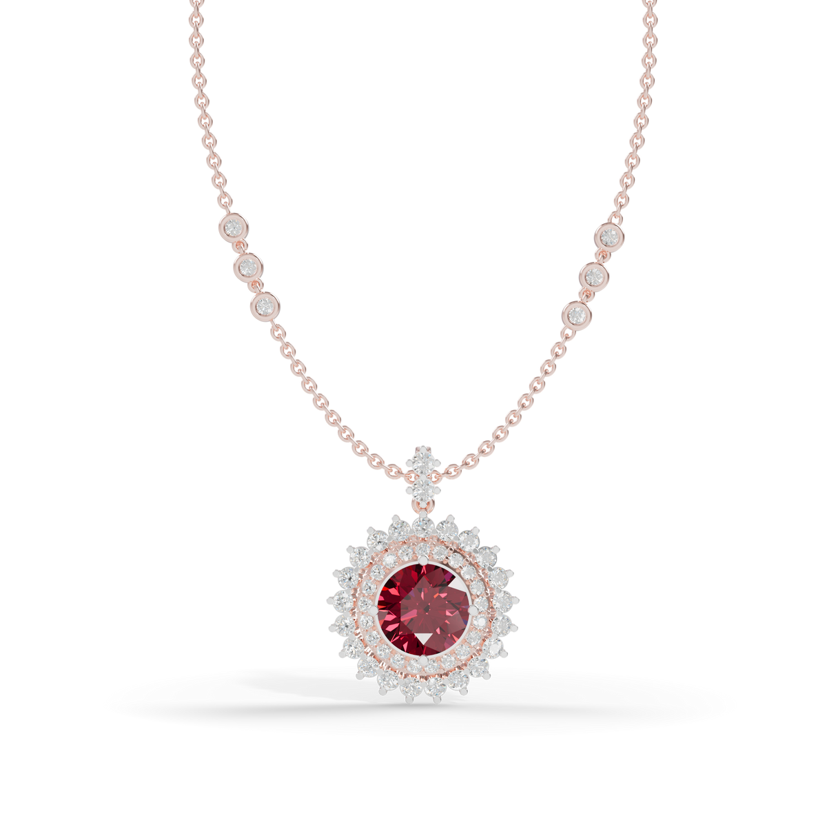 Guru Jewel's Fluted Double Halo with Round Red Pendant for Her