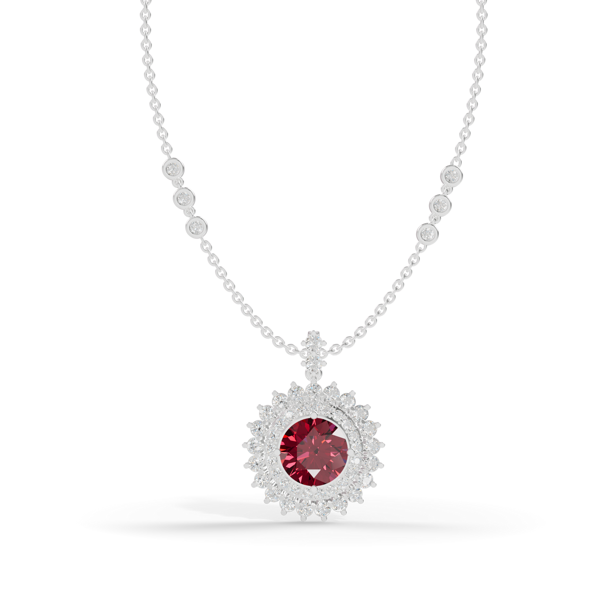 Guru Jewel's Fluted Double Halo with Round Red Pendant for Her