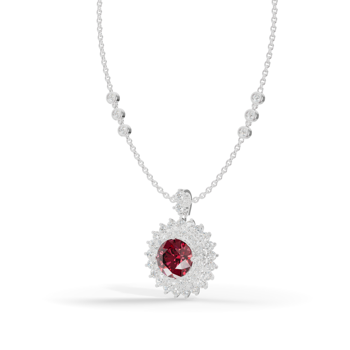 Guru Jewel's Fluted Double Halo with Round Red Pendant for Her