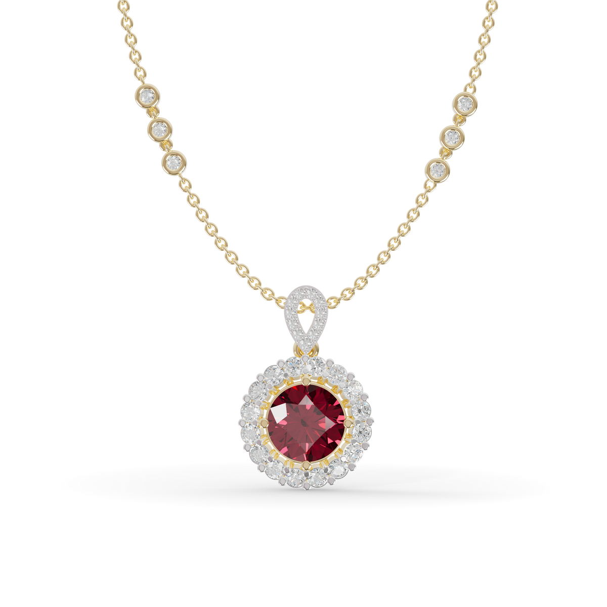 Guru Jewel's Scalloped Halo and Twisted Bail with Round Red Pendant for Her