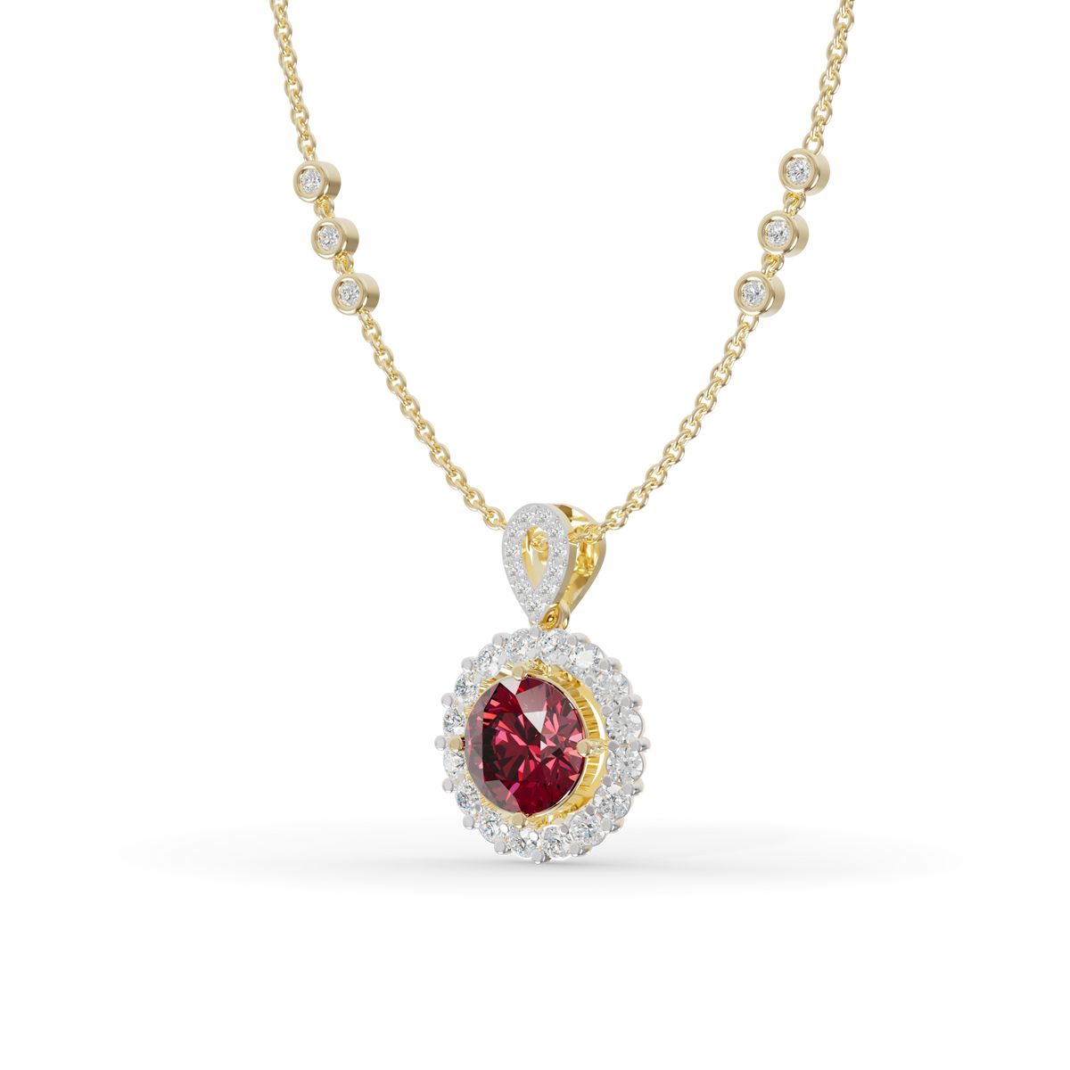 Guru Jewel's Scalloped Halo and Twisted Bail with Round Red Pendant for Her
