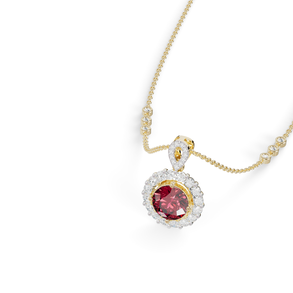 Guru Jewel's Scalloped Halo and Twisted Bail with Round Red Pendant for Her