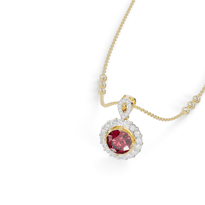 Guru Jewel's Scalloped Halo and Twisted Bail with Round Red Pendant for Her