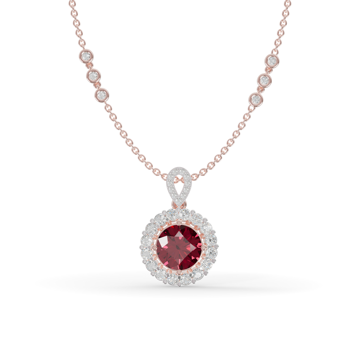 Guru Jewel's Scalloped Halo and Twisted Bail with Round Red Pendant for Her