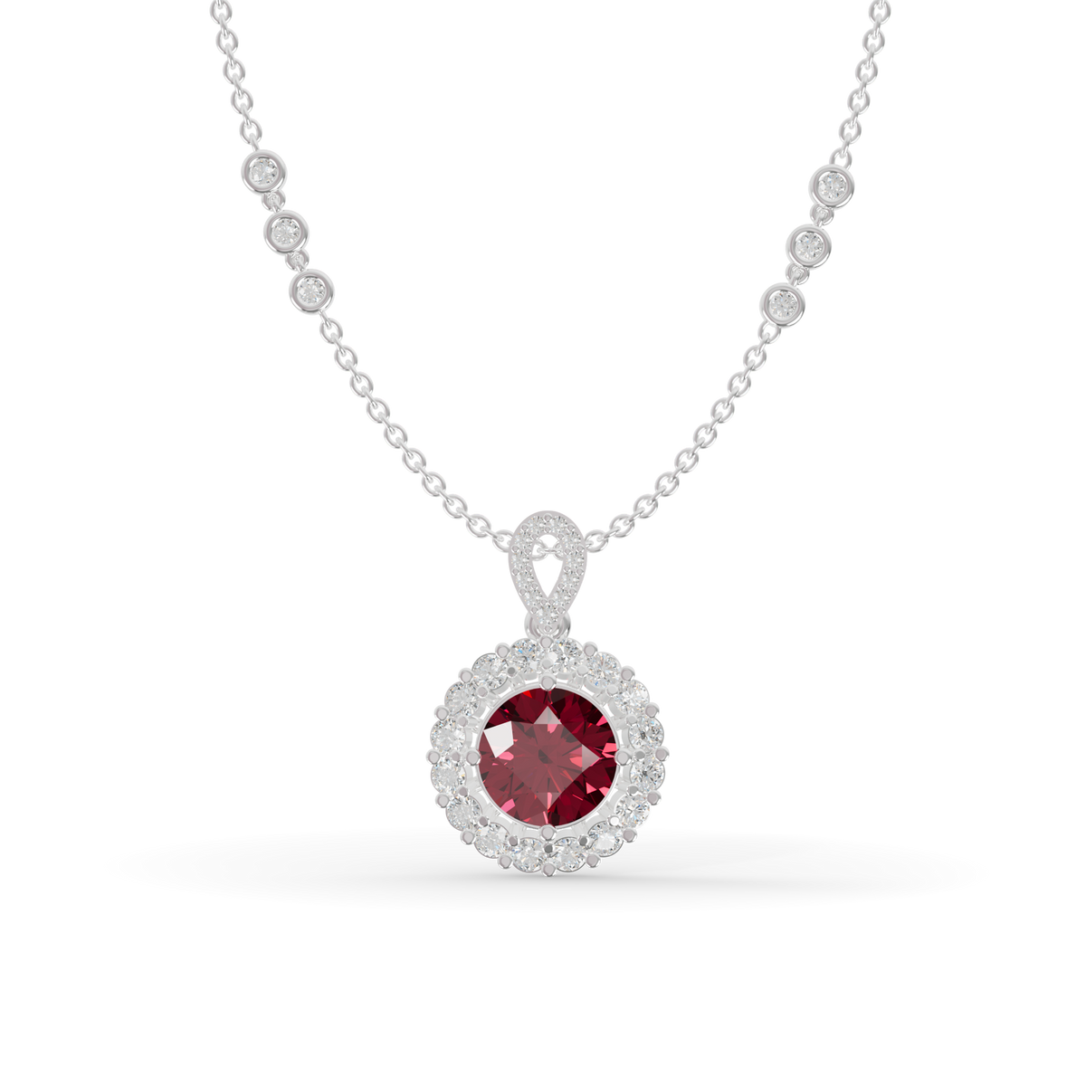 Guru Jewel's Scalloped Halo and Twisted Bail with Round Red Pendant for Her