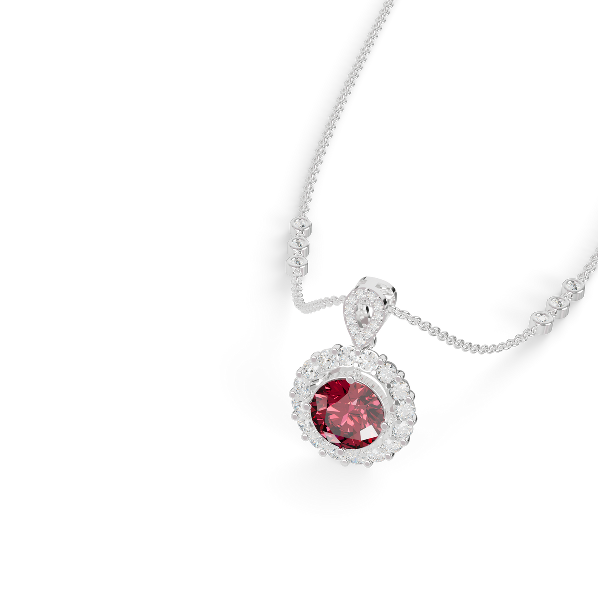 Guru Jewel's Scalloped Halo and Twisted Bail with Round Red Pendant for Her