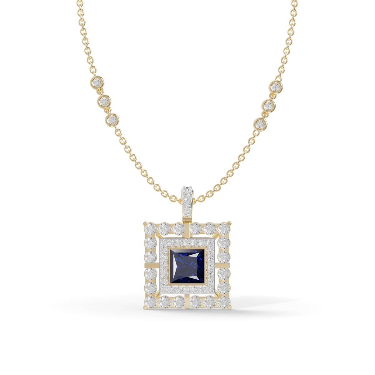Guru Jewel's Geometric Double Halo with Princess-Cut Deep Blue Pendant for Her