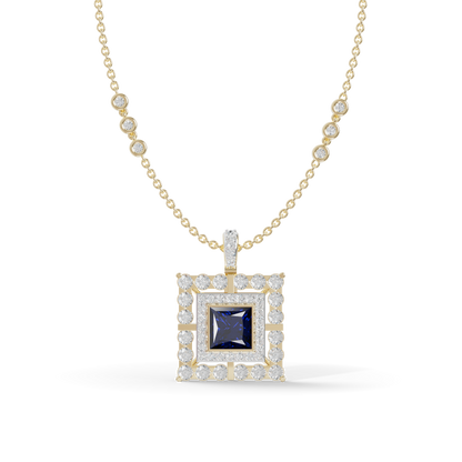 Guru Jewel's Geometric Double Halo with Princess-Cut Deep Blue Pendant for Her
