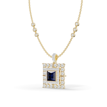 Guru Jewel's Geometric Double Halo with Princess-Cut Deep Blue Pendant for Her