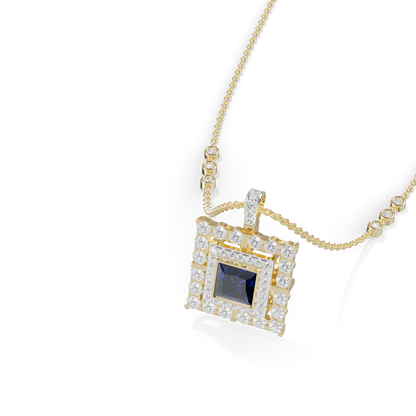 Guru Jewel's Geometric Double Halo with Princess-Cut Deep Blue Pendant for Her