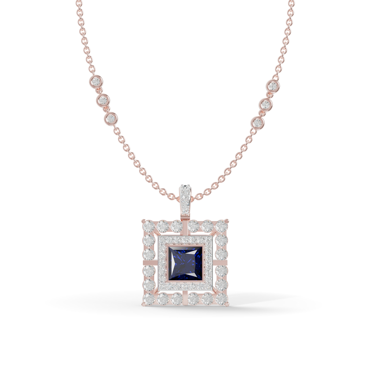 Guru Jewel's Geometric Double Halo with Princess-Cut Deep Blue Pendant for Her