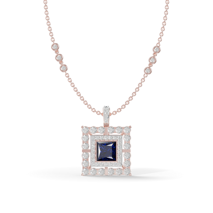 Guru Jewel's Geometric Double Halo with Princess-Cut Deep Blue Pendant for Her