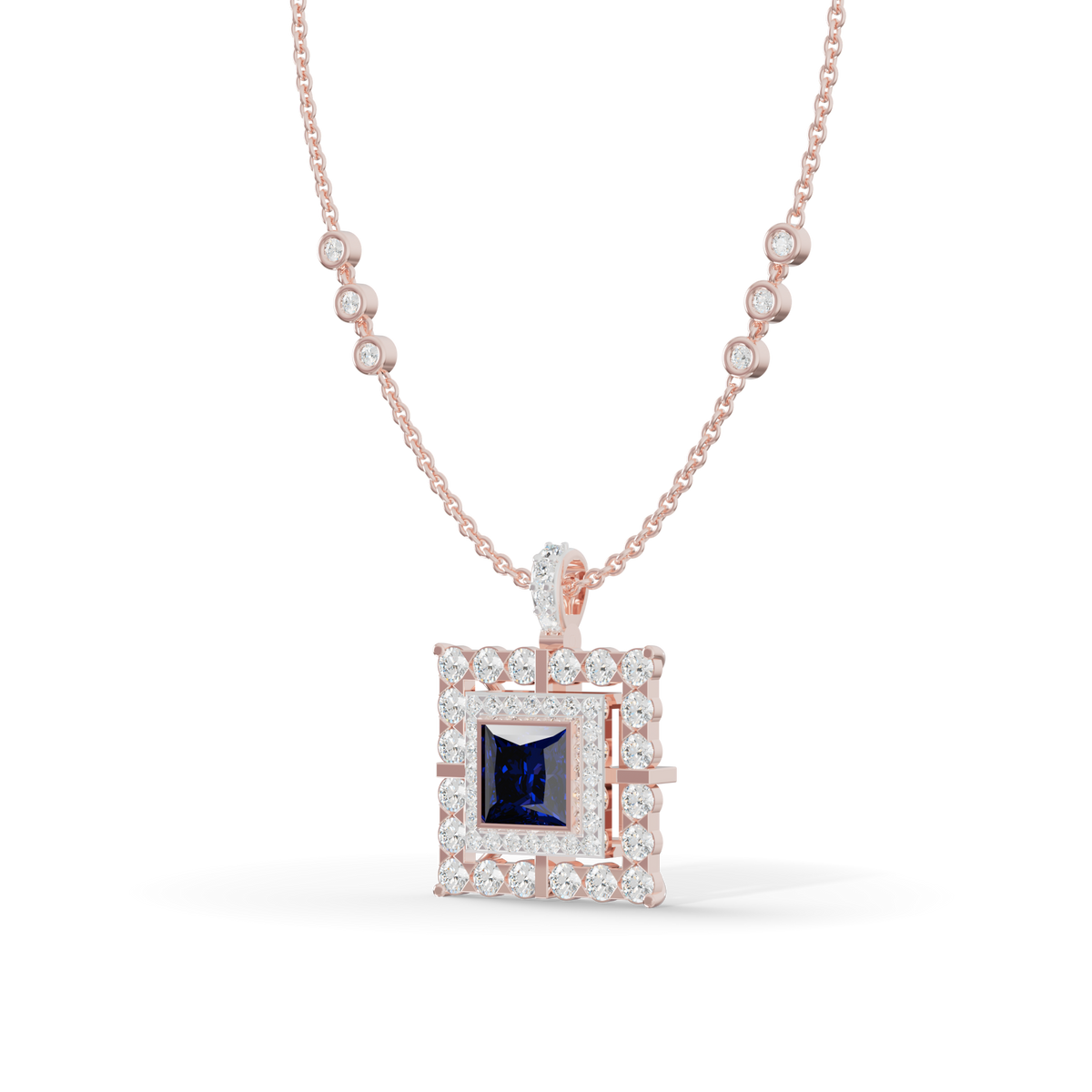 Guru Jewel's Geometric Double Halo with Princess-Cut Deep Blue Pendant for Her