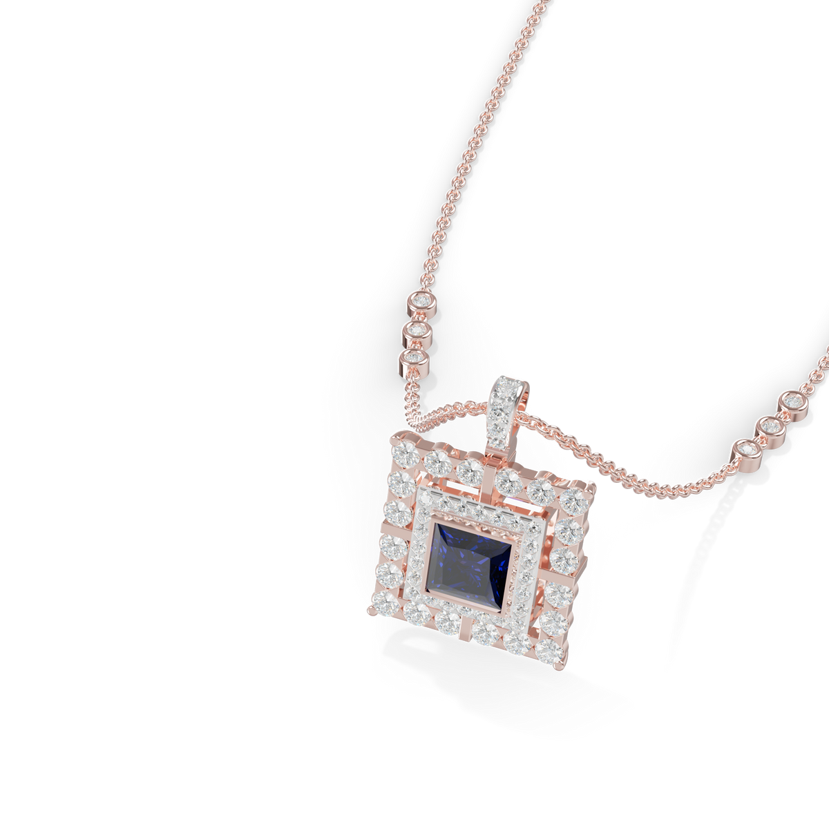 Guru Jewel's Geometric Double Halo with Princess-Cut Deep Blue Pendant for Her