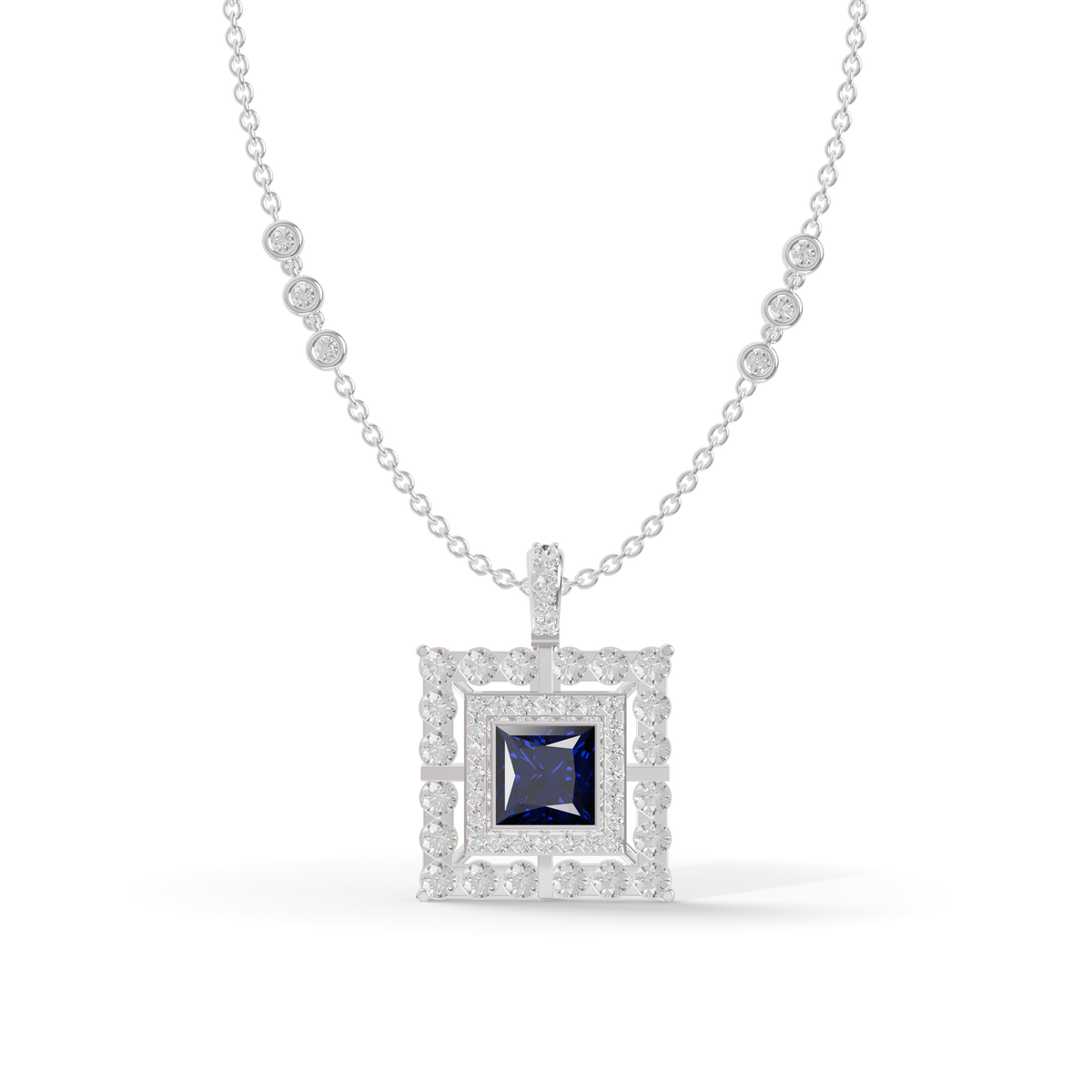 Guru Jewel's Geometric Double Halo with Princess-Cut Deep Blue Pendant for Her