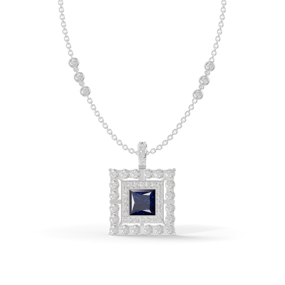 Guru Jewel's Geometric Double Halo with Princess-Cut Deep Blue Pendant for Her