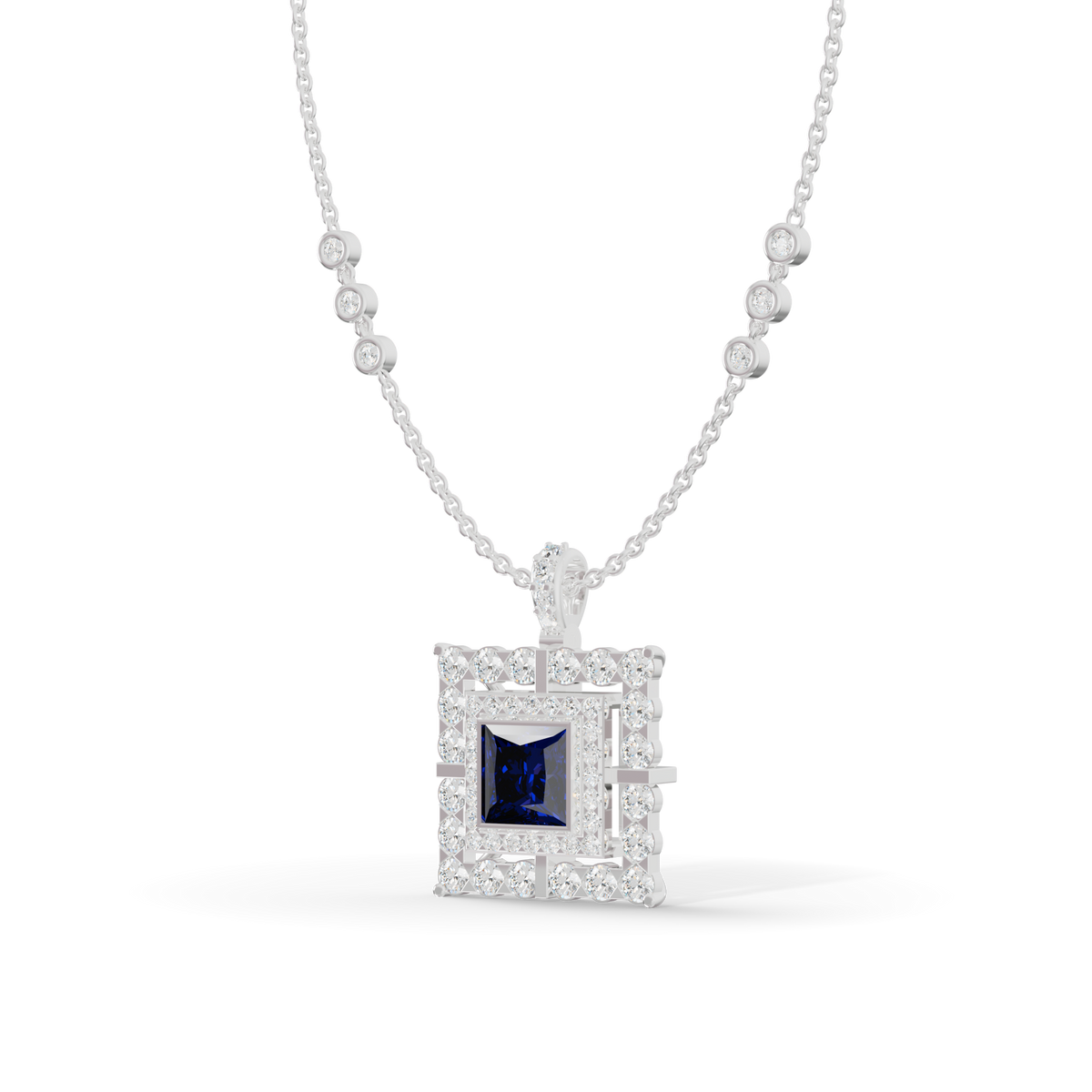 Guru Jewel's Geometric Double Halo with Princess-Cut Deep Blue Pendant for Her