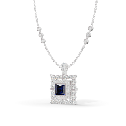 Guru Jewel's Geometric Double Halo with Princess-Cut Deep Blue Pendant for Her