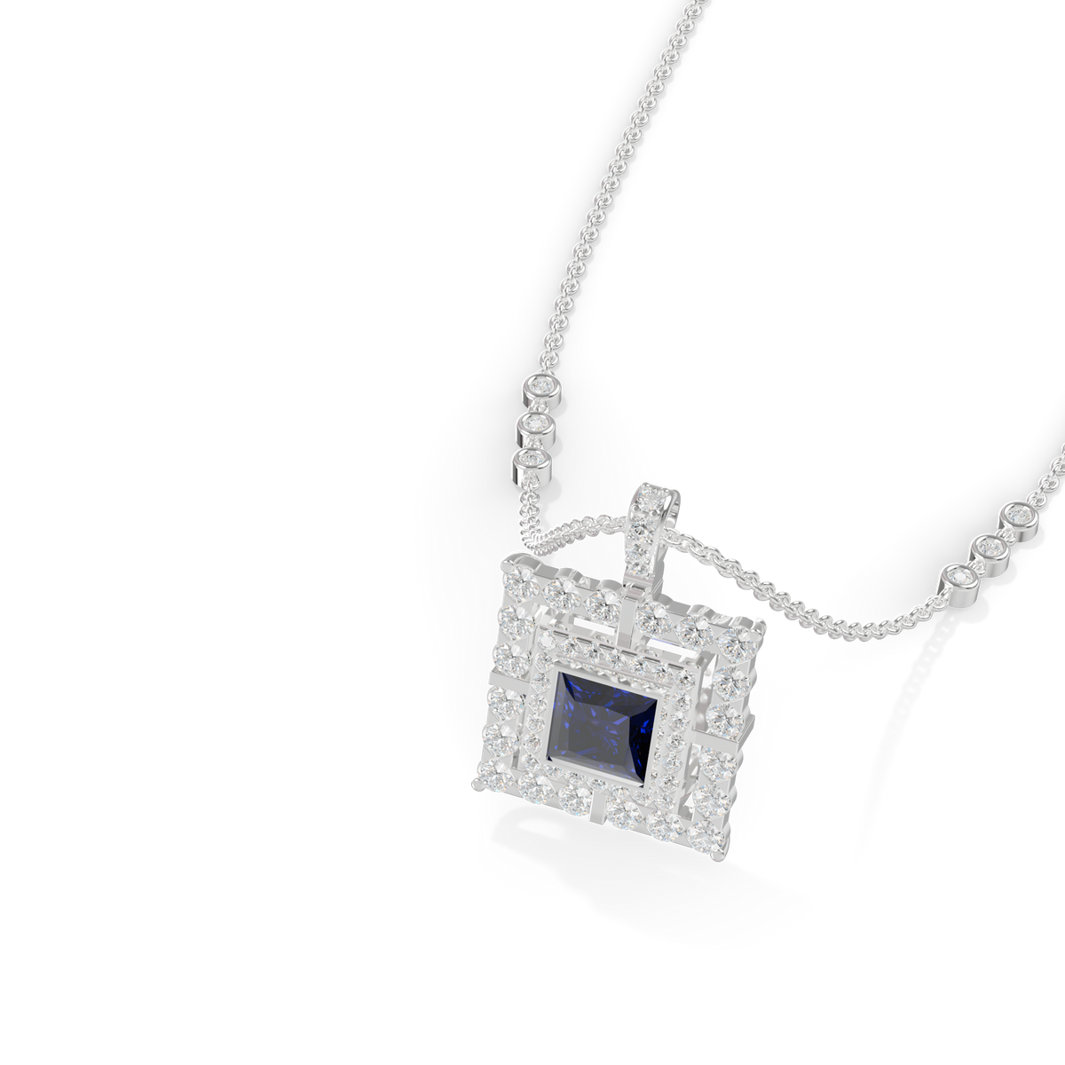 Guru Jewel's Geometric Double Halo with Princess-Cut Deep Blue Pendant for Her