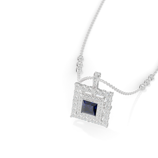 Guru Jewel's Geometric Double Halo with Princess-Cut Deep Blue Pendant for Her