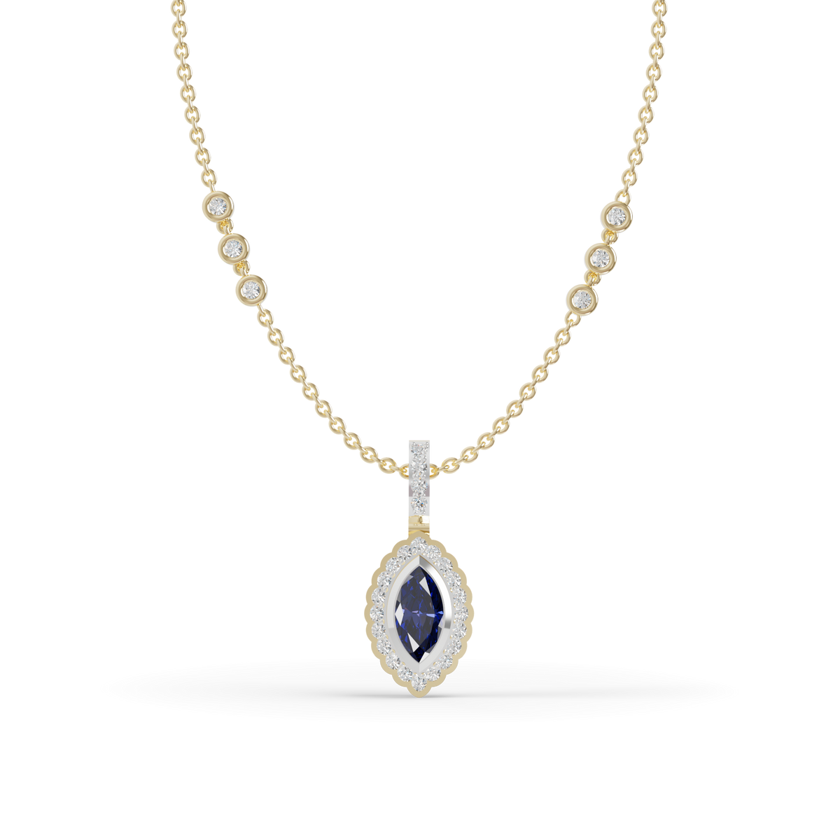 Guru Jewel's Scalloped Halo with  Marquise-Cut Deep Blue Pendant for Her