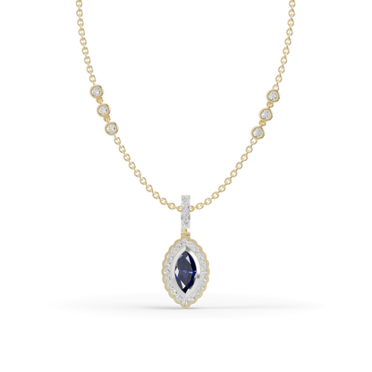 Guru Jewel's Scalloped Halo with  Marquise-Cut Deep Blue Pendant for Her