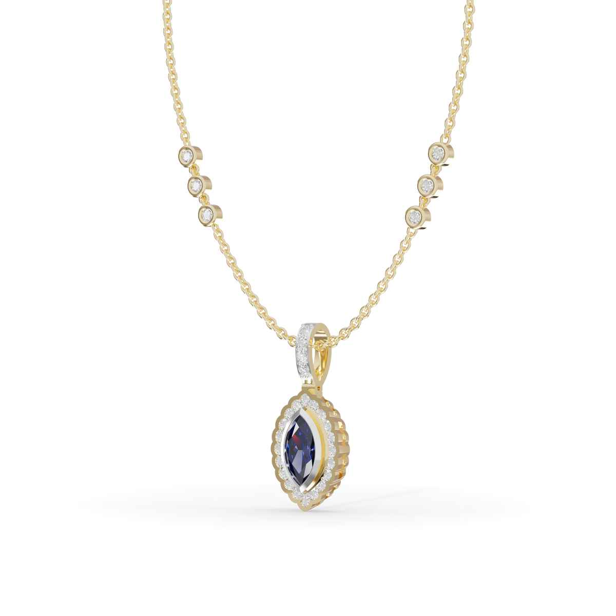 Guru Jewel's Scalloped Halo with  Marquise-Cut Deep Blue Pendant for Her