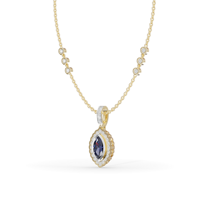 Guru Jewel's Scalloped Halo with  Marquise-Cut Deep Blue Pendant for Her
