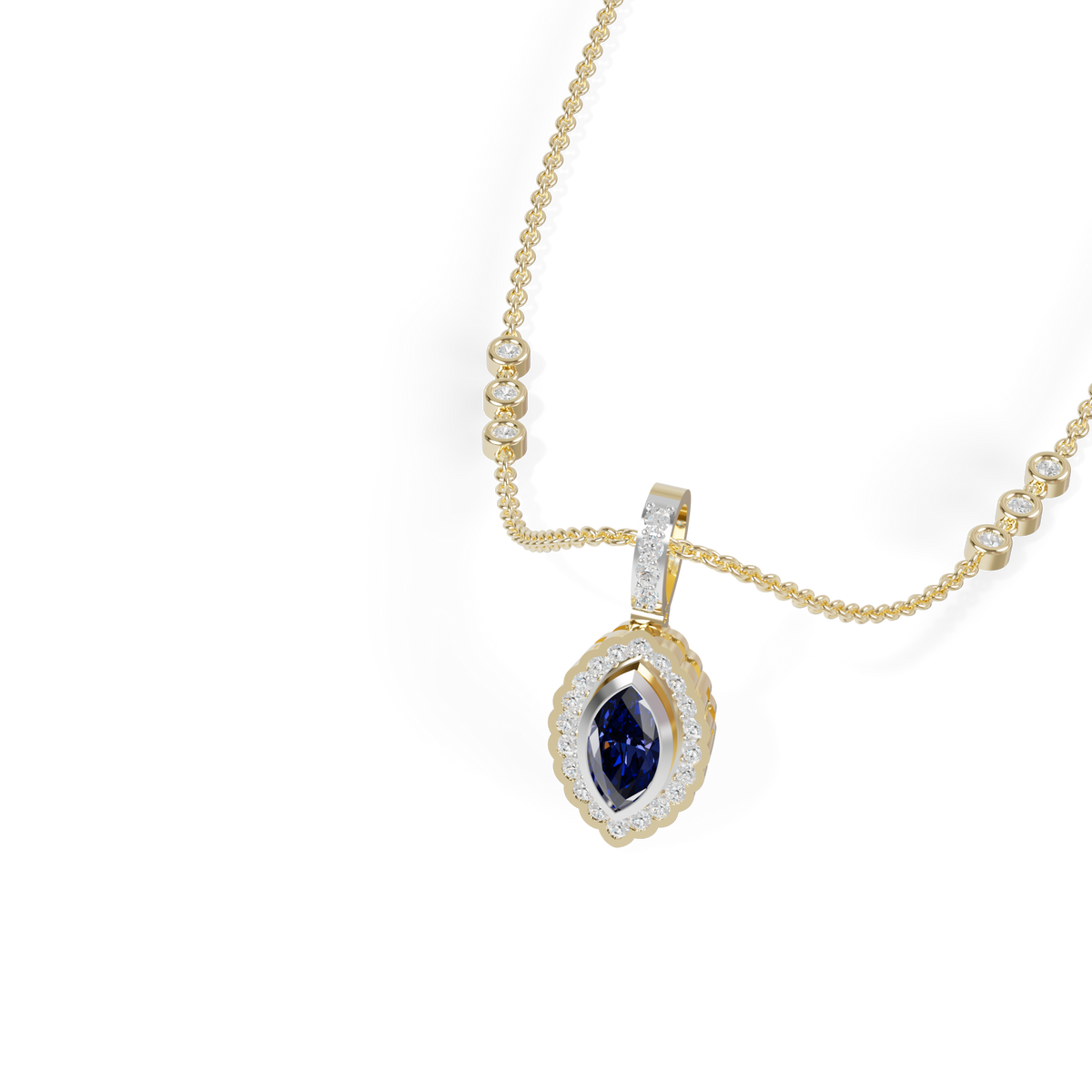 Guru Jewel's Scalloped Halo with  Marquise-Cut Deep Blue Pendant for Her