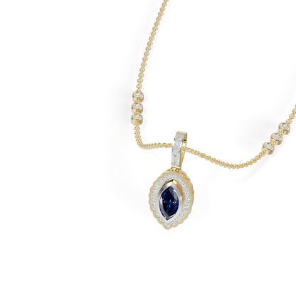 Guru Jewel's Scalloped Halo with  Marquise-Cut Deep Blue Pendant for Her