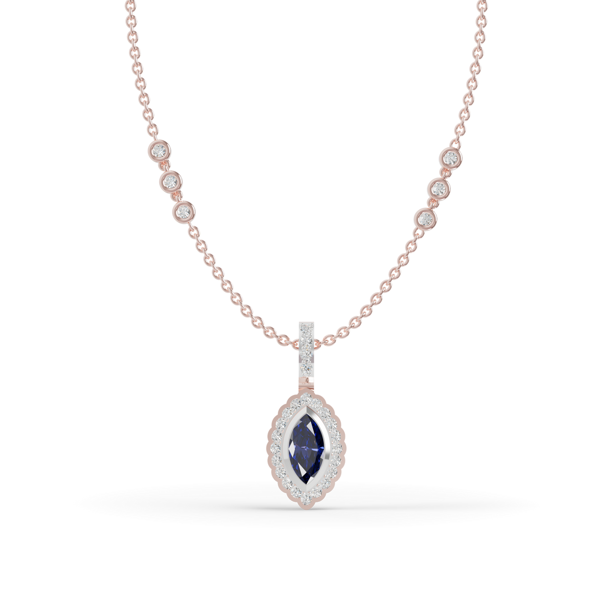 Guru Jewel's Scalloped Halo with  Marquise-Cut Deep Blue Pendant for Her