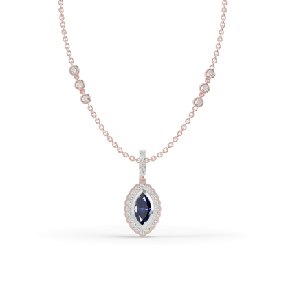 Guru Jewel's Scalloped Halo with  Marquise-Cut Deep Blue Pendant for Her
