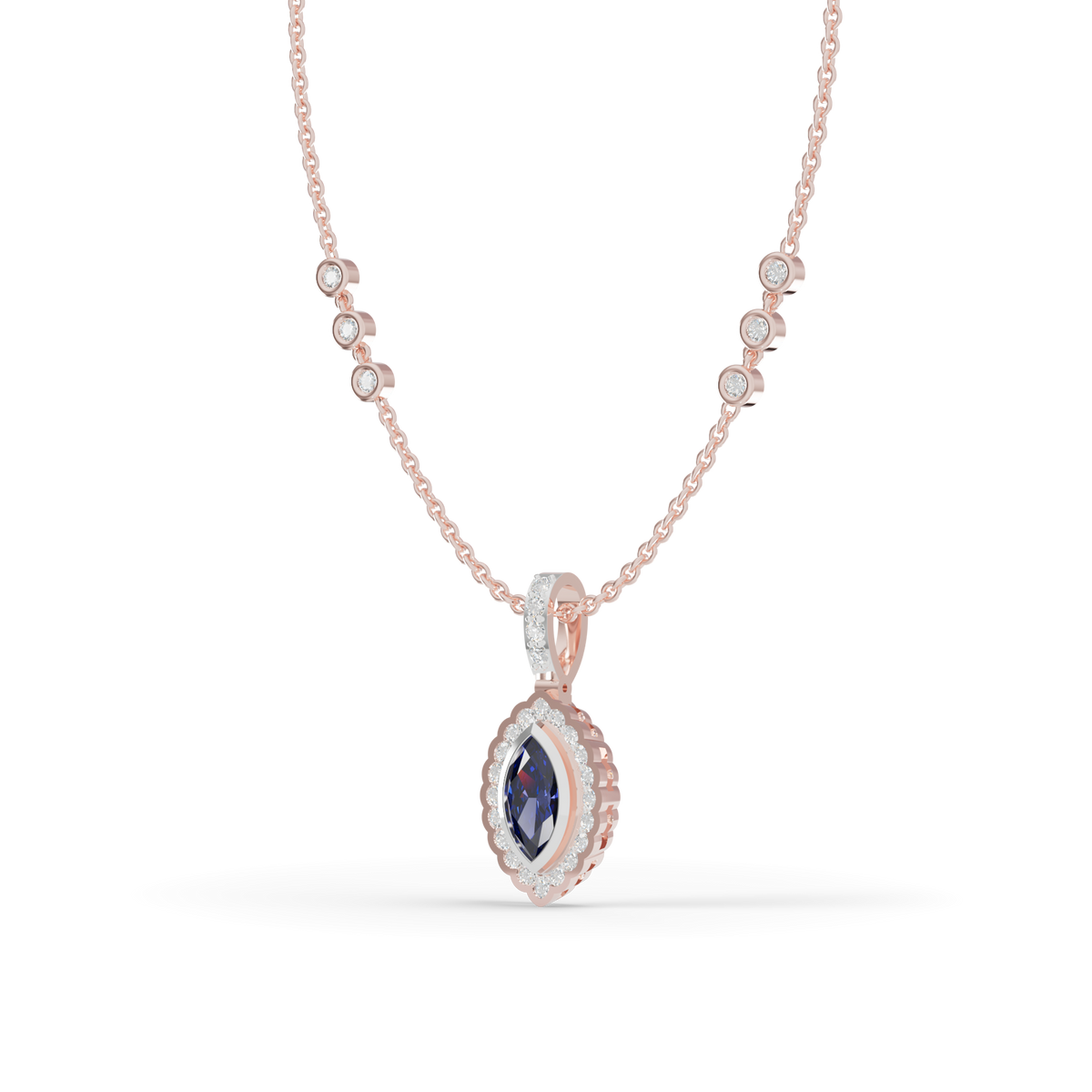 Guru Jewel's Scalloped Halo with  Marquise-Cut Deep Blue Pendant for Her