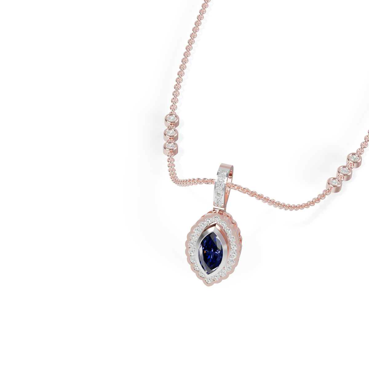 Guru Jewel's Scalloped Halo with  Marquise-Cut Deep Blue Pendant for Her