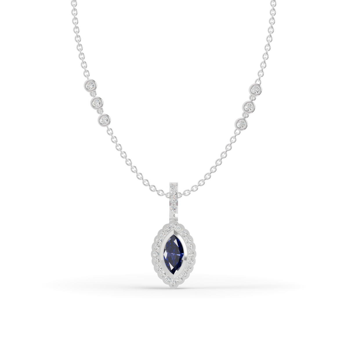 Guru Jewel's Scalloped Halo with  Marquise-Cut Deep Blue Pendant for Her